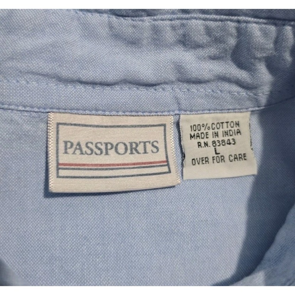 VTG Passports Light Blue Chambray L Button Up Women Shirt Patriotic Embroidered - Picture 5 of 6